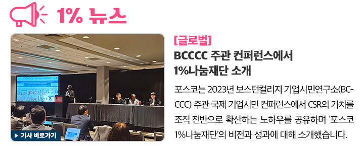 1% 뉴스 [글로벌] BCCCC 주관 컨퍼런스에서 1%나눔재단 소개 포스코는 2023년 보스턴컬리지 기업시민연구소(BCCCC) 주관 국제 기업시민 컨퍼런스에서 CSR의 가치를 조직 전반으로 확산하는 노하우를 공유하며 ‘포스코1%나눔재단’의 비전과 성과에 대해 소개했습니다.