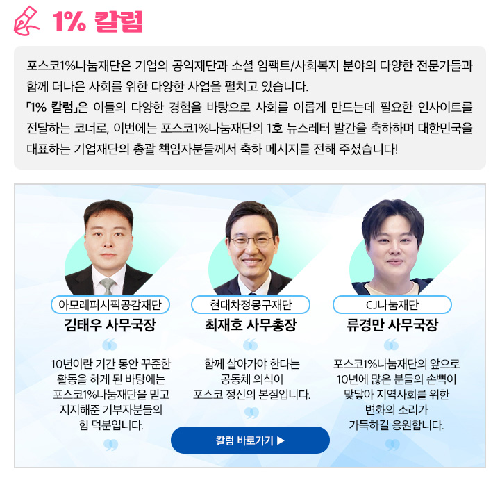 1% 칼럼 포스코1%나눔재단은 기업의 공익재단과 소셜 임팩트/사회복지 분야의 다양한 전문가들과 함께 더나은 사회를 위한 다양한 사업을 펼치고 있습니다. 「1% 칼럼」은 이들의 다양한 경험을 바탕으로 사회를 이롭게 만드는데 필요한 인사이트를 전달하는 코너로, 이번에는 포스코1%나눔재단의 1호 뉴스레터 발간을 축하하며 대한민국을 대표하는 기업재단의 총괄 책임자분들께서 축하 메시지를 전해 주셨습니다! 아모레퍼시픽공감재단 김태우 사무국장 10년이란 기간 동안 꾸준한 활동을 하게 된 바탕에는 포스코1%나눔재단을 믿고 지지해준 기부자분들의 힘 덕분입니다. 현대차정몽구재단 최재호 사무총장 함께 살아가야 한다는 공동체 의식이 포스코 정신의 본질입니다. CJ나눔재단 류경만 사무국장 포스코1%나눔재단의 앞으로 10년에 많은 분들의 손뼉이 맞닿아 지역사회를 위한 변화의 소리가 가득하길 응원합니다. 칼럼 바로가기 ▶