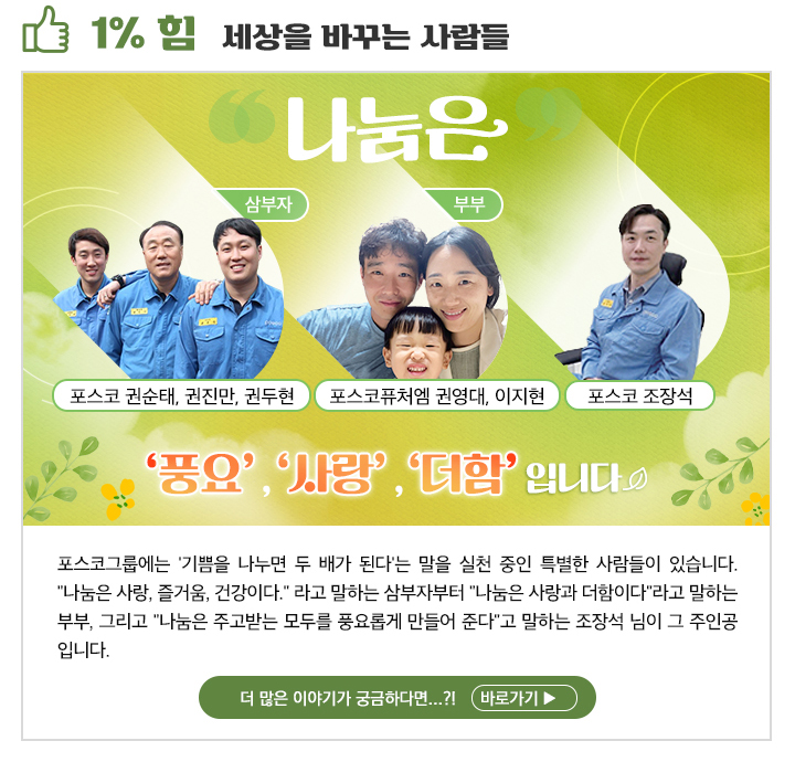 1% 힘 세상을 바꾸는 사람들 나눔은 삼부자(포스코 권순태, 권지만, 권두현), 부부(포스코퓨처엠 권영대, 이지현), 포스코 조장석 '풍요', '사랑', '더함' 입니다. 포스코그룹에는 '기쁨을 나누면 두 배가 된다'는 말을 실천 중인 특별한 사람들이 있습니다. '나눔은 사랑, 즐거움, 건강이다.' 라고 말하는 삼부자부터 '나눔은 사랑과 더함이다'라고 말하는 부부, 그리고 '나눔은 주고받는 모두를 풍요롭게 만들어 준다'고 말하는 조장석 님이 그 주인공 입니다. 더 많은 이야기가 궁금하다면...?! 바로가기 ▶