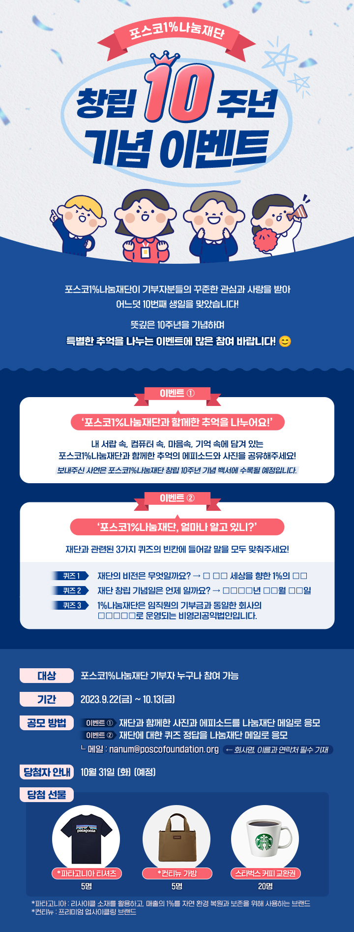 포스코1%나눔재단 창립10주년 기념 이벤트 포스코1%나눔재단이 기부자분들의 꾸준한 관심과 사랑을 받아 어느덧 10번째 생일을 맞았습니다! 뜻깊은 10주년을 기념하며 특별한 추억을 나누는 이벤트에 많은 참여 바랍니다! 이벤트1 '포스코1%나눔재단과 함께한 추억을 나누어요!' 내 서랍 속, 컴퓨터 속, 마음속, 기억 속에 담겨 있는 포스코1%나눔재단과 함께한 추억의 에피소드와 사진을 공유해주세요! 보내주신 사연은 포스코1%나눔재단 창립 10주년 기념 백서에 수록될 예정입니다. 이벤트2 '포스코1%나눔재단, 얼마나 알고 있니?' 재단과 관련된 3가지 퀴즈의 빈칸에 들어갈 말을 모두 맞춰주세요! 퀴즈1 재단의 비전은 무엇일까여? > O OO 세상을 향한 1%의 OO 퀴즈2 재단 창립 기념일은 언제 일까요? > OOOO년 OO월 OO일 퀴즈3 1%나눔재단은 임직원의 기부금과 동일한 회사의 OOOOO로 운영되는 비영리공익법인입니다. 대상: 포스코1%나눔재단 기부자 누구나 참여 가능, 기간: 2023.9.22(금)~10.13(금), 공모 방법: 이벤트1 재단과 함께한 사진과 에피소드를 나눔재단 메일로 응모, 이벤트2 재단에 대한 퀴즈 정답을 나눔재단 메일로 응모, 매일: nanum@poscofoundation.org < 회사명, 이름과 연락처 필수 기재, 당첨자 안내: 10월 31일(화) (예정), 당첨 선물: *파타고니아 티셔츠(5명), *컨티뉴 가방(5명), 스타벅스 커피 교환권(20명) *파타고니아: 리사이클 소재를 활용하고, 매출의 1%를 자연 환경 복원과 보준을 위해 사용하는 브랜드, *컨티뉴: 프리미엄 업사이클링브랜드